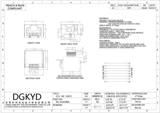 Custom Shield 8p8c SMD Rj45 Keystone Jack , Extra Low Profile Ethernet Connector KRJ-85A85MMNL