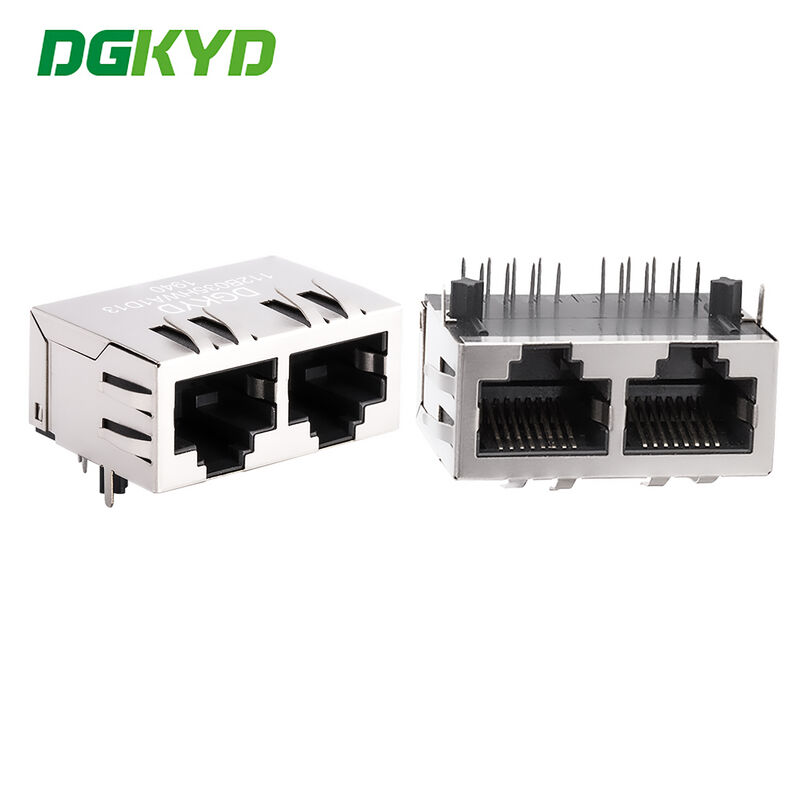 RJ45 dual port connector without built-in filter, no light strip, shielding pin front 4.57mm DGKYD112B035HWA1D13